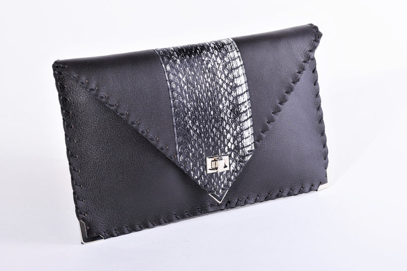 Black & Snakeskin Leather Clutch Handbag