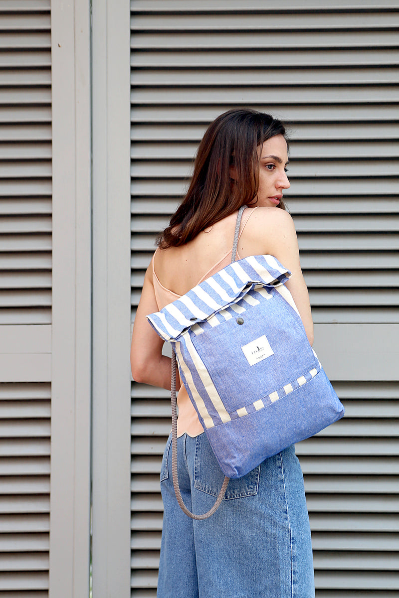 Blue Stripe 100% Cotton Canvas Backpack