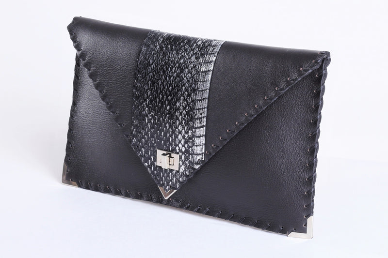 Black & Snakeskin Leather Clutch Handbag