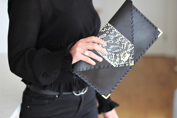 Black & Snakeskin Leather Clutch Handbag